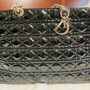 Dior Black Patent Leather Quilted Handbag with Silver Hardware